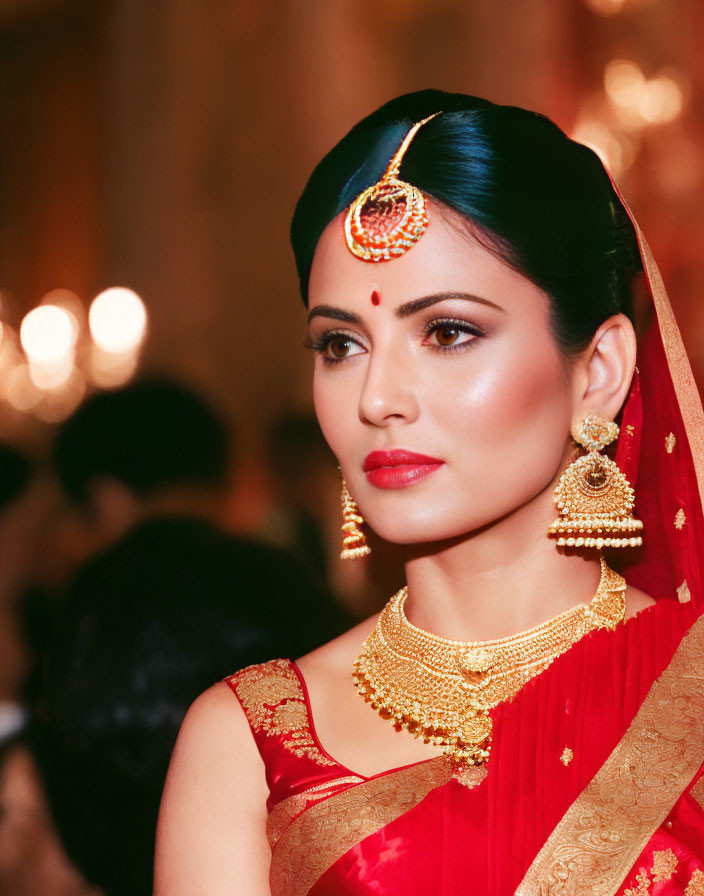 Traditional Indian Bridal Attire with Elaborate Jewelry and Red Saree