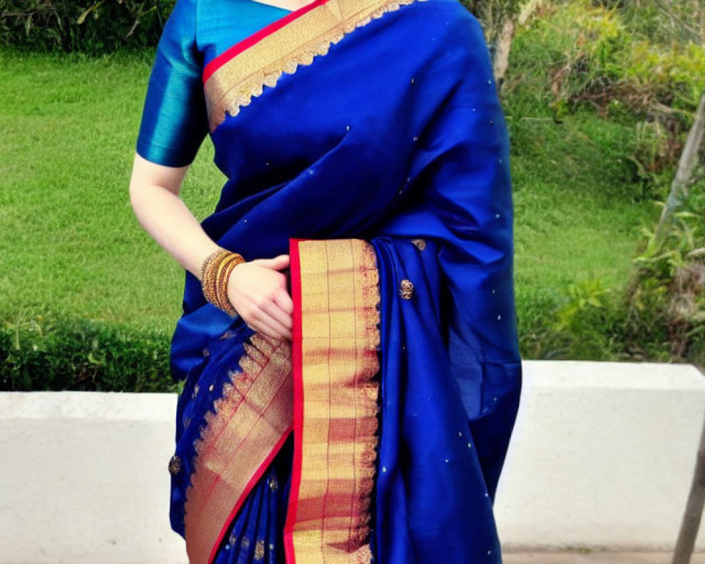 Traditional Indian Blue Saree with Red and Gold Border Outfit Smiling Outdoors