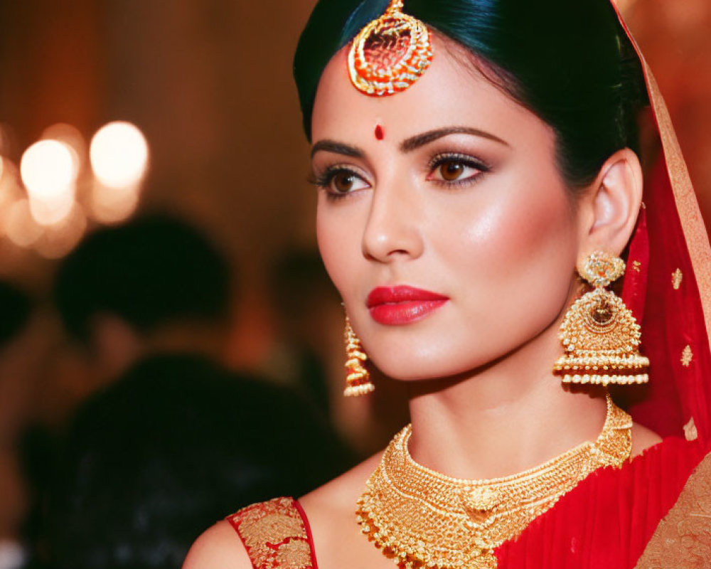 Traditional Indian Bridal Attire with Elaborate Jewelry and Red Saree