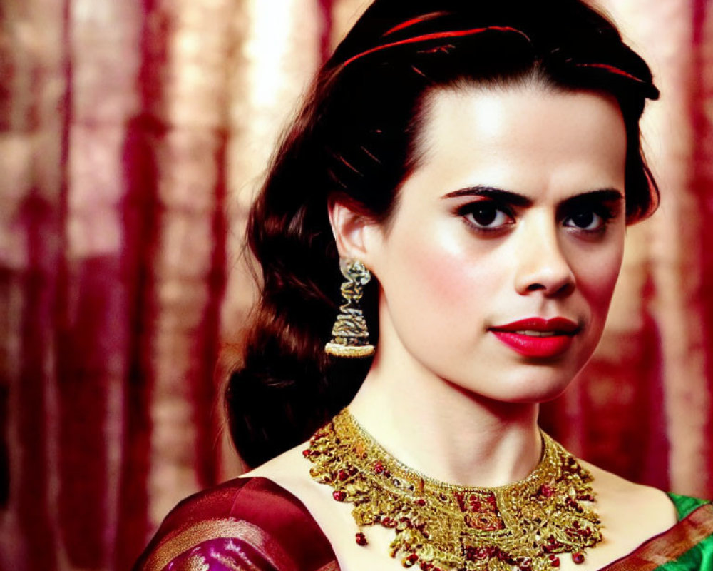 Dark-haired woman in Indian attire and red headband posing against red curtain