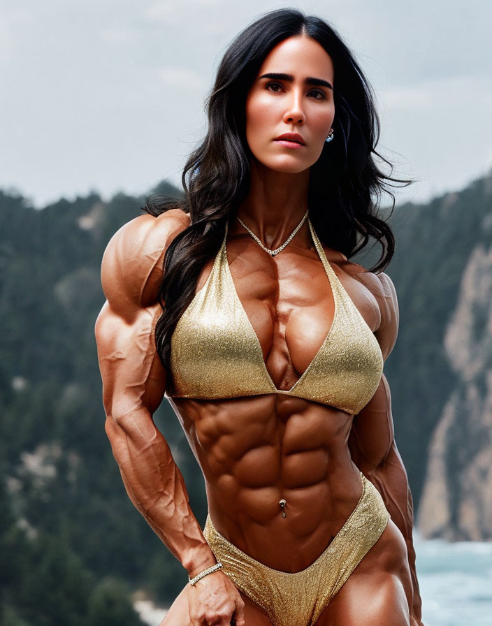 Muscular Woman in Gold Bikini Poses Outdoors