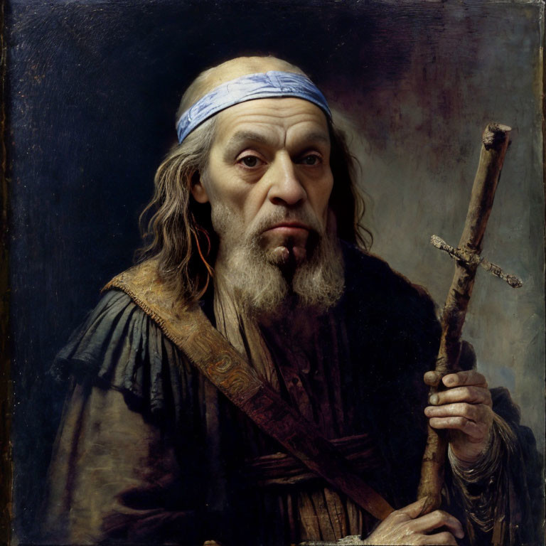 Solemn bearded man with cross in dark robe on dim background