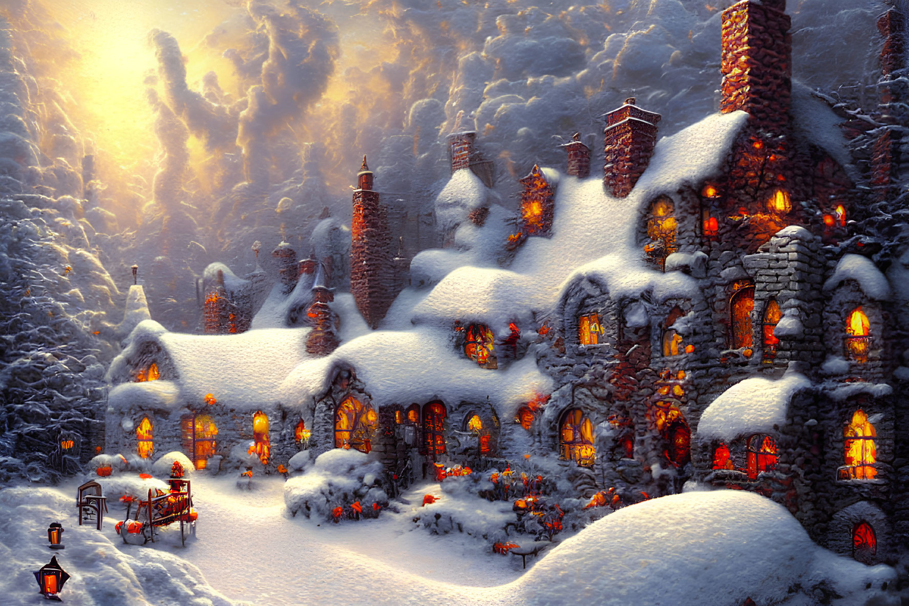 Snow-covered stone cottages in evening snowfall