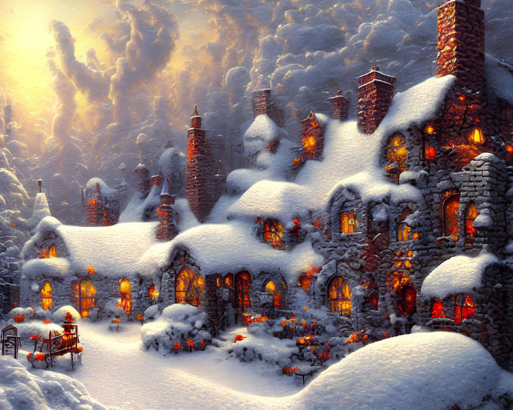 Snow-covered stone cottages in evening snowfall