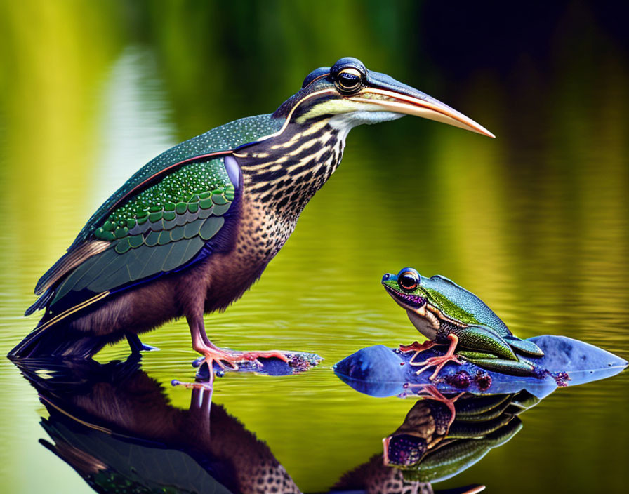 Vibrant bird and green frog on lilypads reflected in water