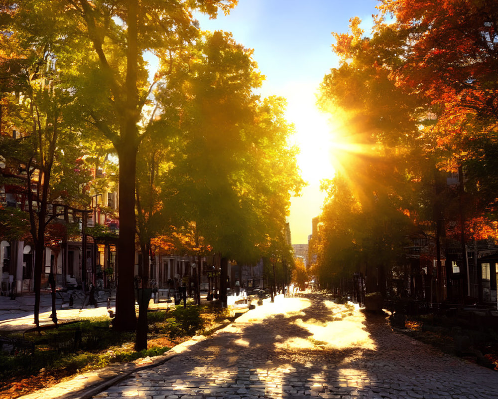 Scenic city street with tree-lined cobblestone path at sunset