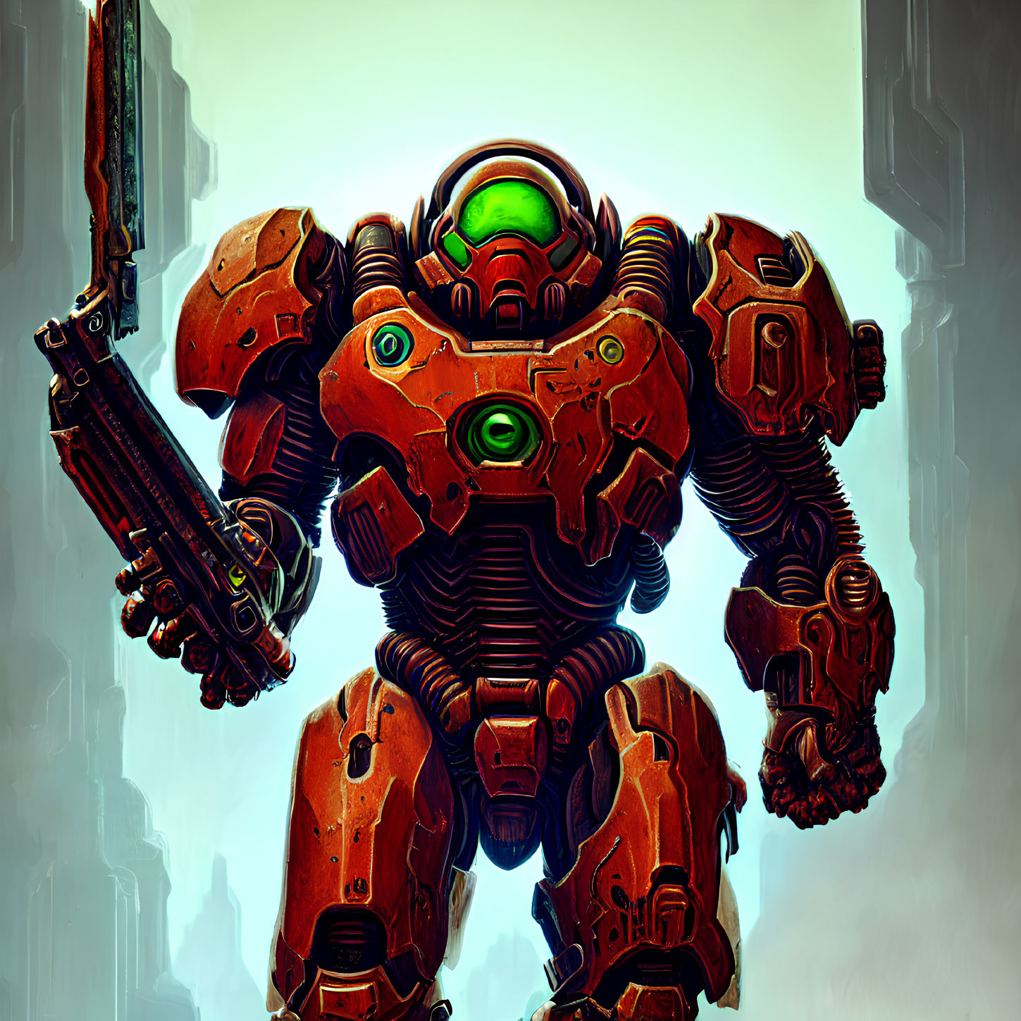 Detailed Illustration: Bulky Orange Robotic Entity with Green Glowing Elements and Large Cannon