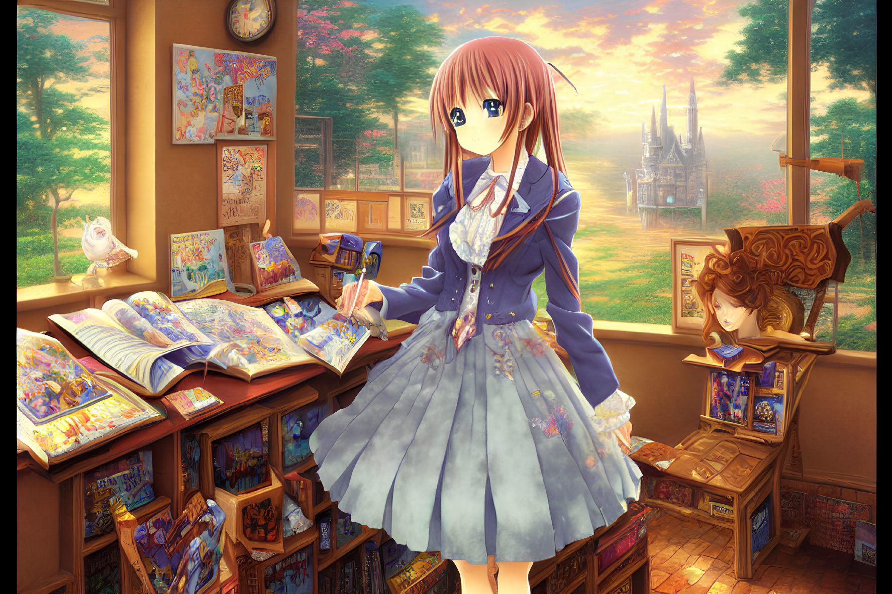 Pink-haired anime girl in school uniform in cozy room full of books and art