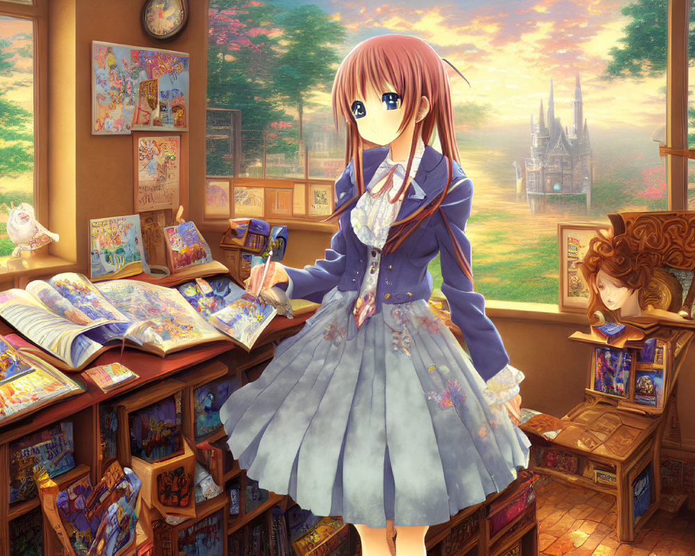 Pink-haired anime girl in school uniform in cozy room full of books and art