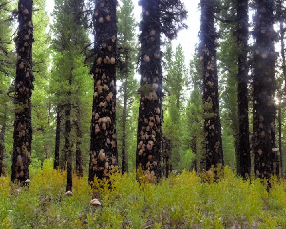 Lush Pine Forest with Dark Trunk Trees & Bright Undergrowth