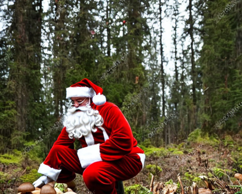 Santa Claus in Forest Examining Large Mushrooms