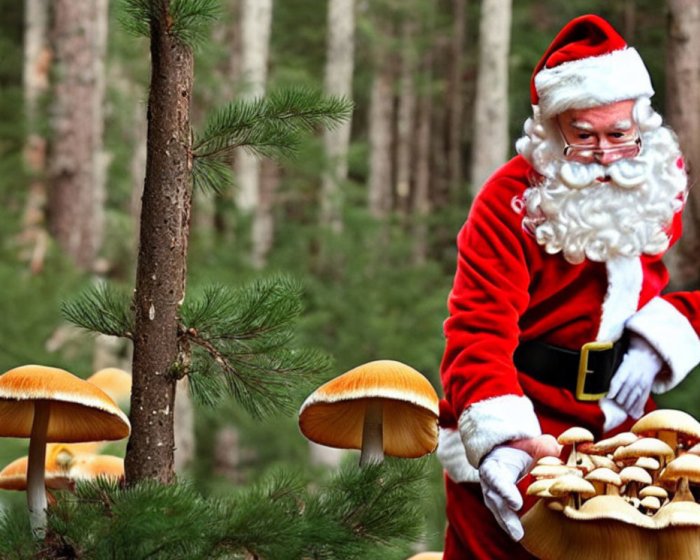 Santa Claus Collecting Mushrooms in Pine Forest