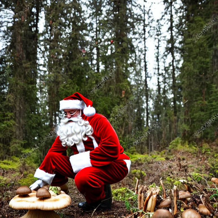 Santa Claus in Forest Examining Large Mushrooms