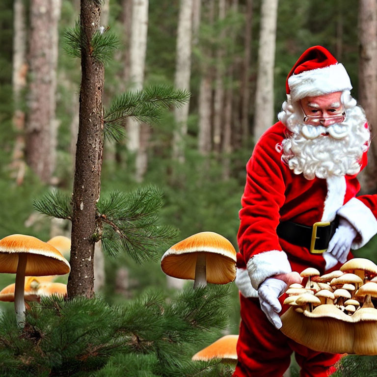 Santa Claus Collecting Mushrooms in Pine Forest