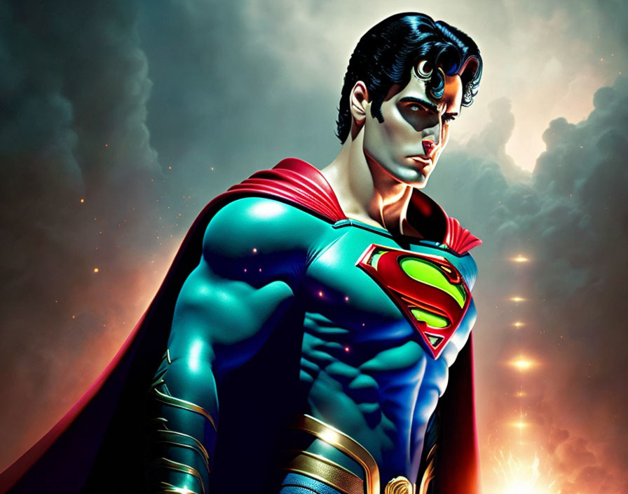 Superman in powerful pose with dramatic sky background