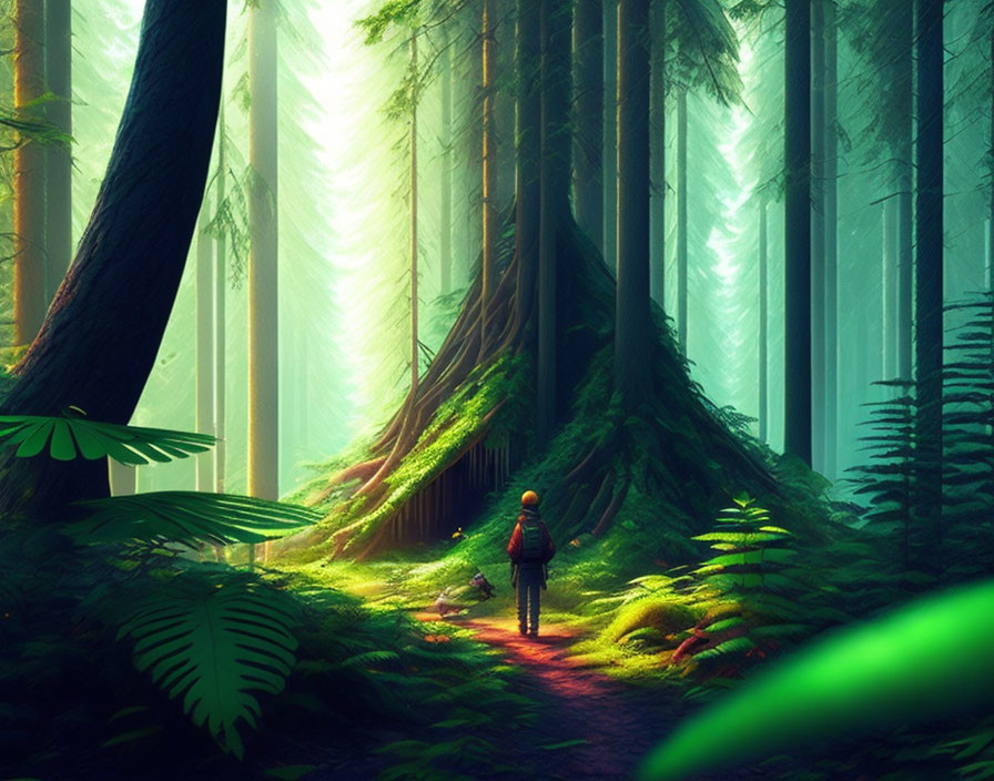 Person with backpack in lush forest with towering trees, sunbeam, and small dog.