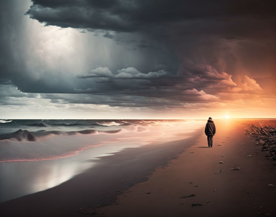 Solitary figure on beach under stormy clouds and bright sunset