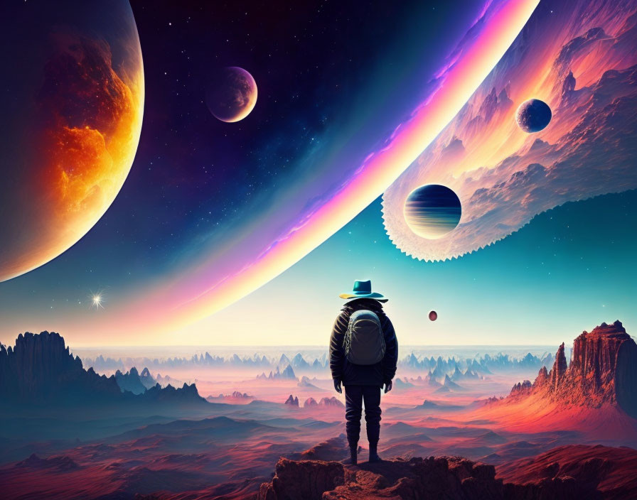 Person in hat gazes at surreal alien landscape with planets and moons.