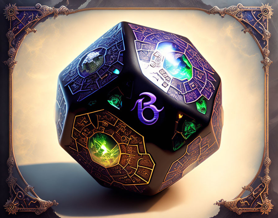 Mystical black dice with green symbols and gold details on ancient scroll background