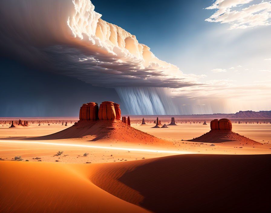 Vast desert landscape with sand dunes, rock formations, and approaching rain cloud