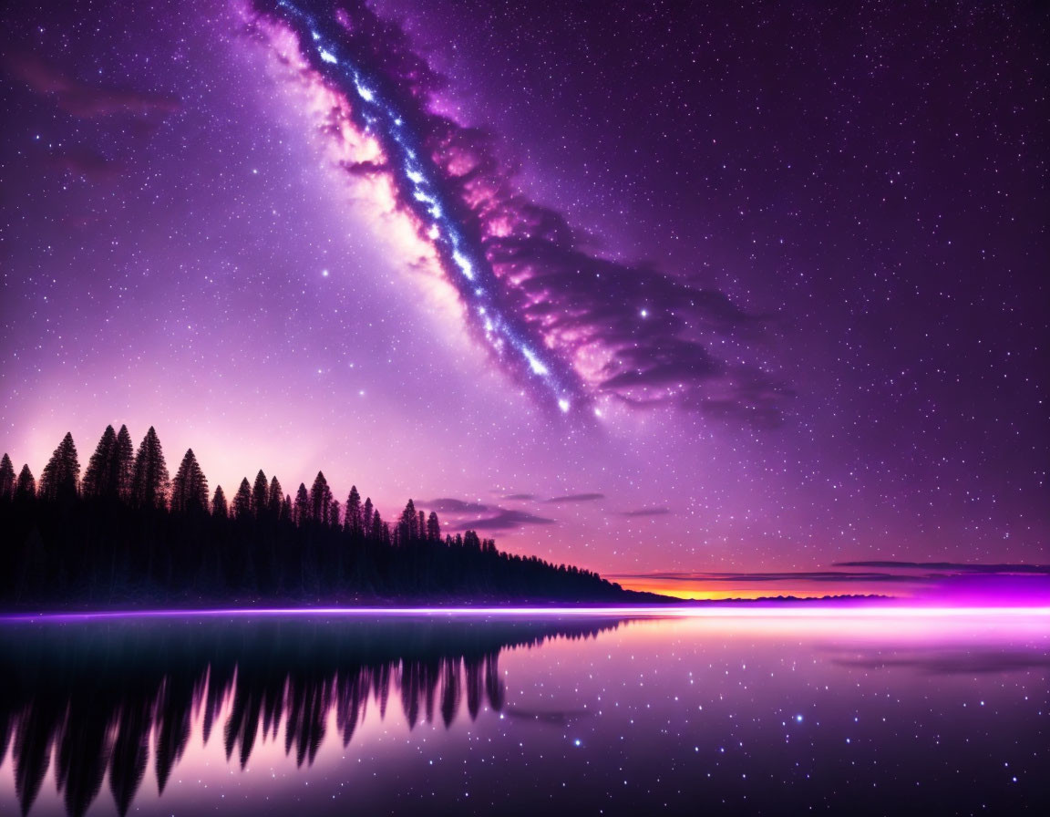 Starry sky over tranquil lake with pine trees and colorful sunset