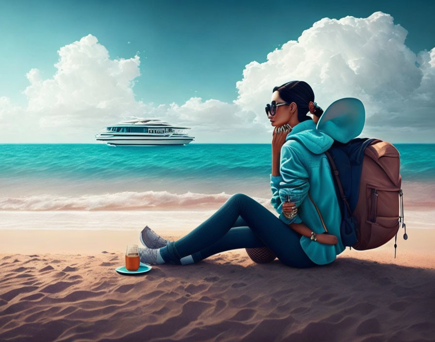 Traveler on sandy beach gazes at yacht with drink beside.