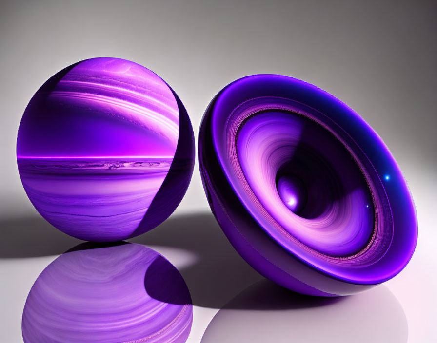 Purple glass spheres with swirling patterns on reflective surface in halves