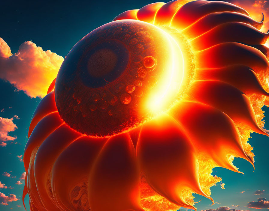 Stylized sun digital artwork with ornate patterns on blue sky.