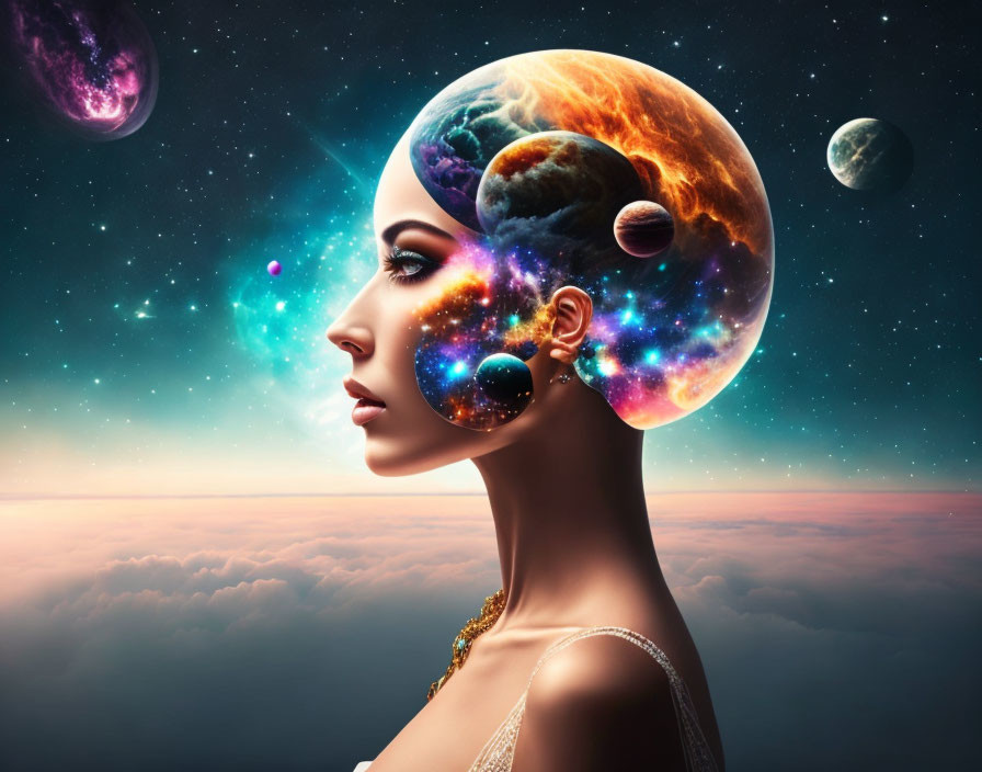 Woman with Cosmic-Themed Headpiece in Space Setting