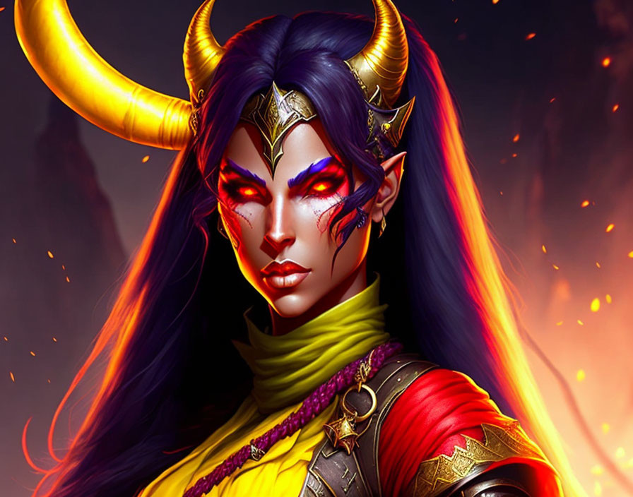 Fantasy character with horns and purple skin in ornate armor on fiery backdrop