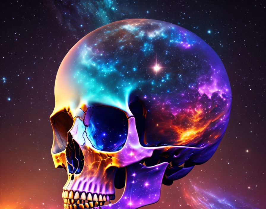 Colorful human skull with cosmos pattern on starry background