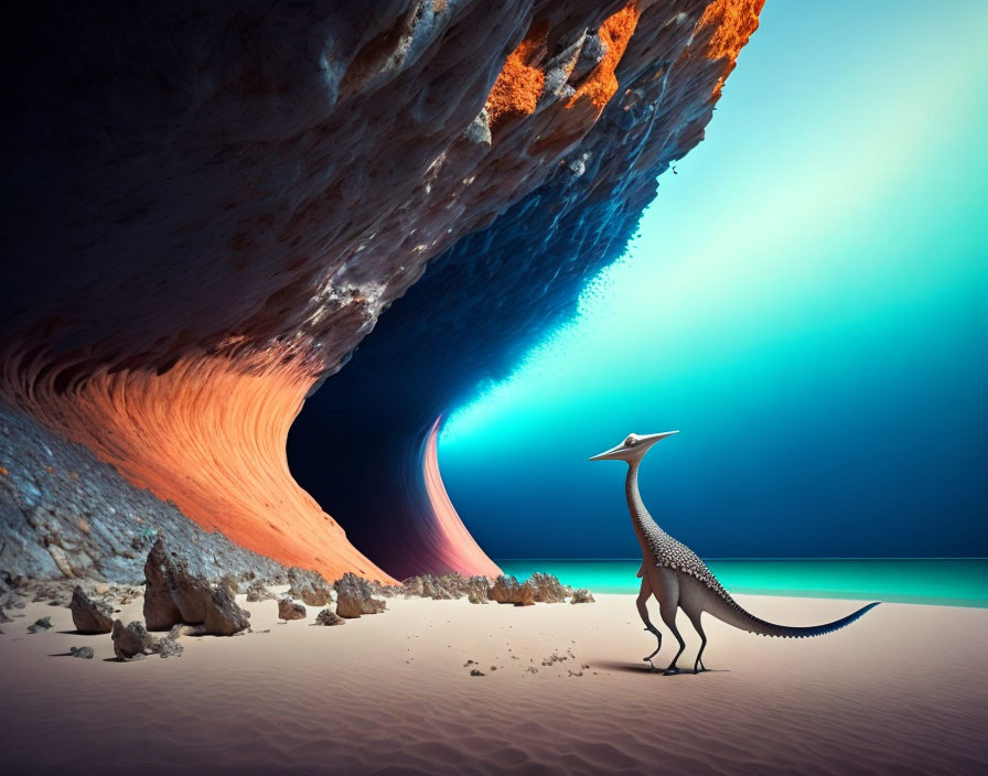 Surreal desert landscape with dinosaur-like creature under cliff