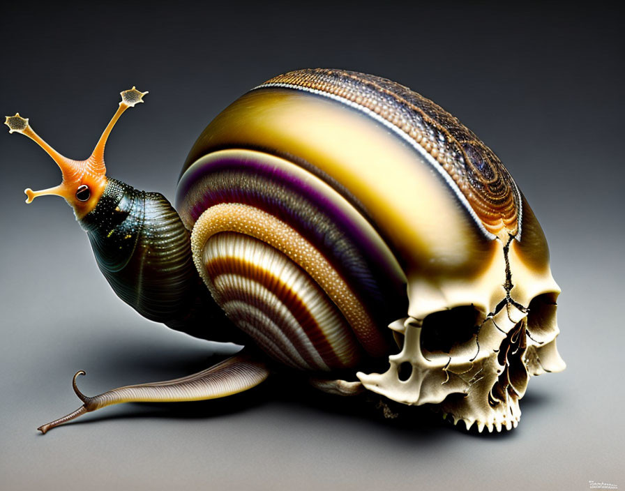 Skull-shaped shell snail with human-like eye sockets on grey background