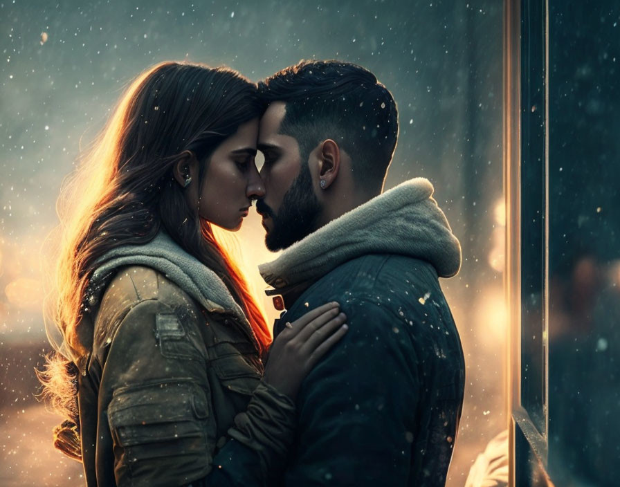 Couple embracing tenderly in snowfall with warm, soft-focus glow