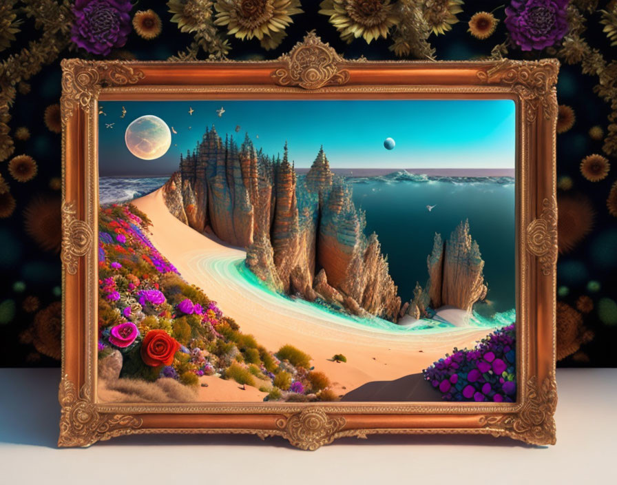 Surreal framed artwork: Desert to sea cliffs under night sky