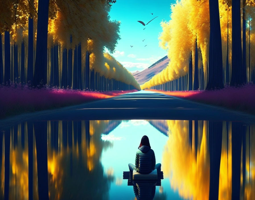 Person admiring vibrant autumn scene by mirrored lake