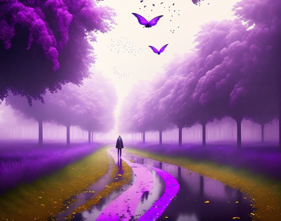 Person walking in mystical purple forest with butterflies & glowing light