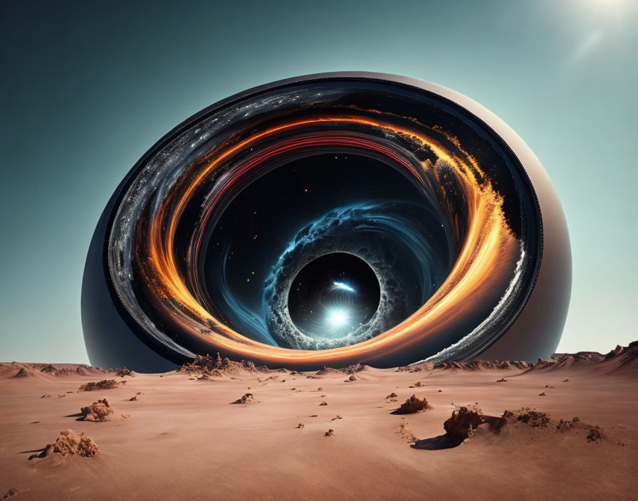 Surreal desert landscape with massive swirling wormhole