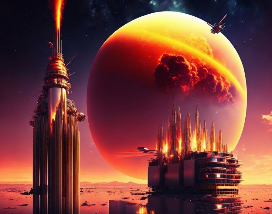 Futuristic landscape with towering structures, spaceship, and large planet in reddish sky