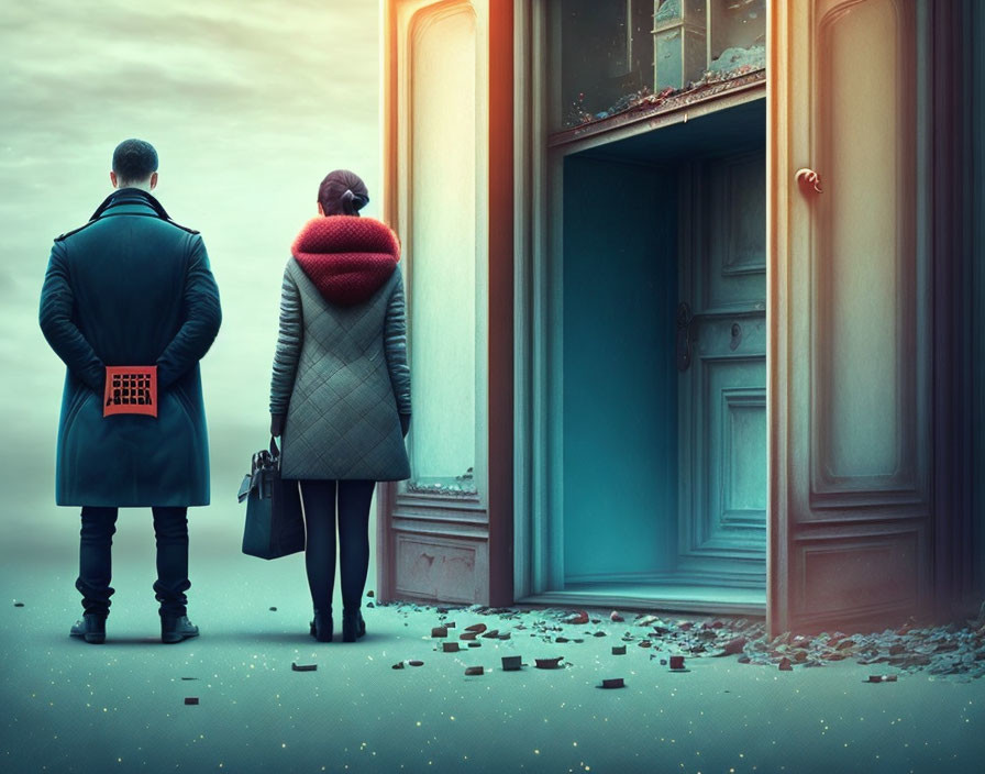 Two individuals in front of surreal doorway with floating bricks and ominous sky