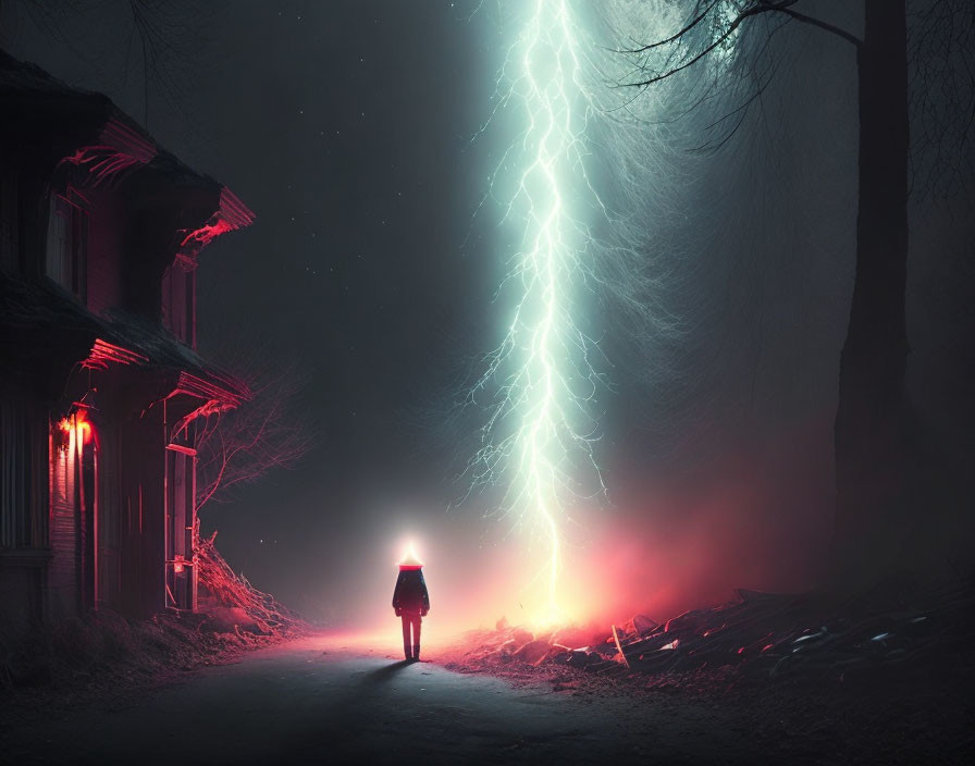 Person on foggy street at night with lightning strike and mysterious house illuminated by red light