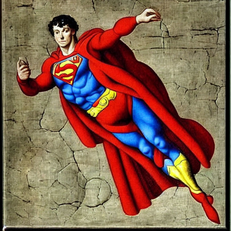 Superman flying with red cape and blue suit on cracked stone background