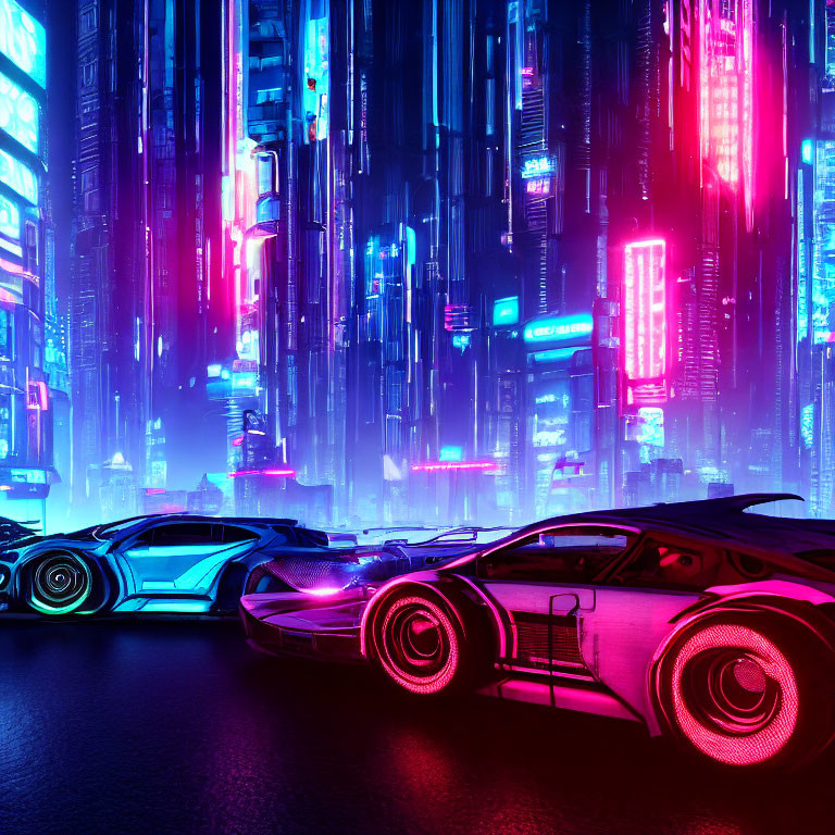 Sleek neon-lit cityscape with glowing skyscrapers and parked cars