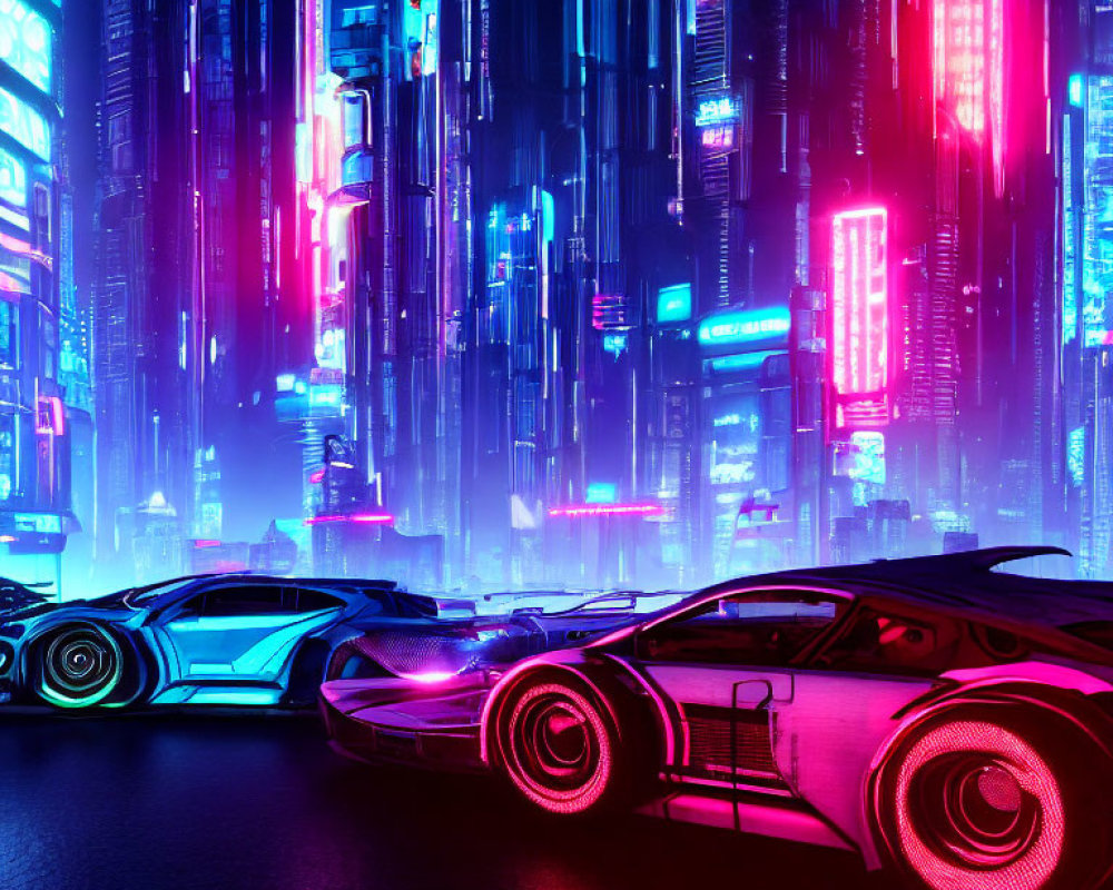 Sleek neon-lit cityscape with glowing skyscrapers and parked cars