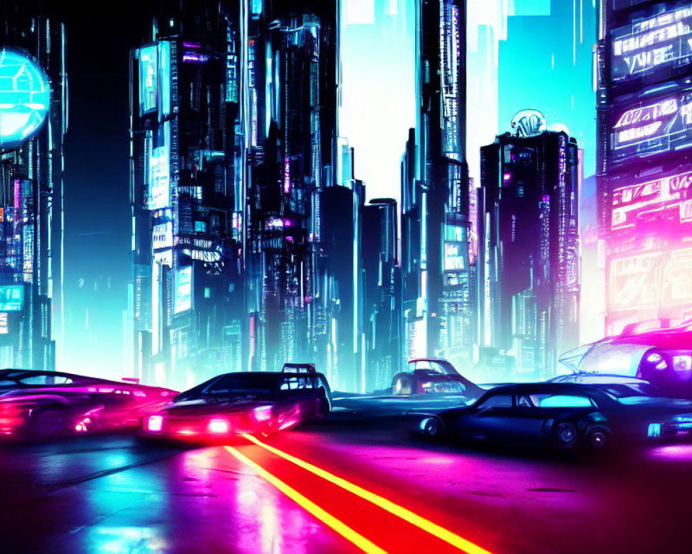 Futuristic cyberpunk cityscape with neon signs, skyscrapers, and sleek cars