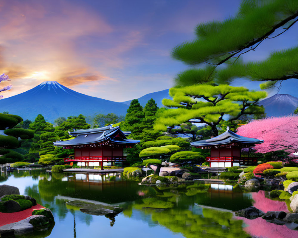 Traditional Japanese Garden with Mount Fuji, Red Buildings, and Cherry Blossoms