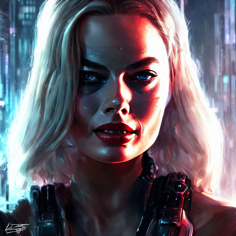 Blonde woman with cybernetic enhancements in neon cyberpunk setting