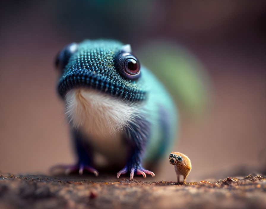 Close-up Photo: Small Reptile with Tiny Snail Contrasting Sizes and Textures