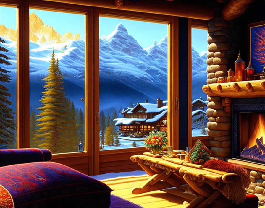 Warm Interior with Wooden Furniture, Fireplace, Snowy Mountain View at Dusk