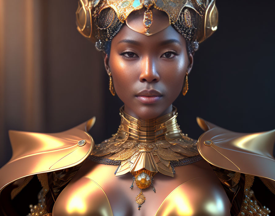 Regal woman in golden headgear and armor on dark background